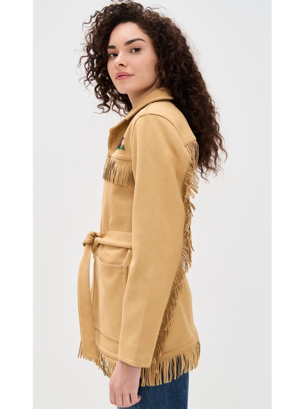 MOTHER Tan Fringe Belted Leather Jacket with Embroidered Detail - Picture 3 of 4